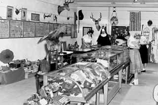 Sr. Alfreda in the basement of St. Gertrude's Academy with the original collection that formed the basis for the current Historical Museum at St. Gertrude, early 1930s.